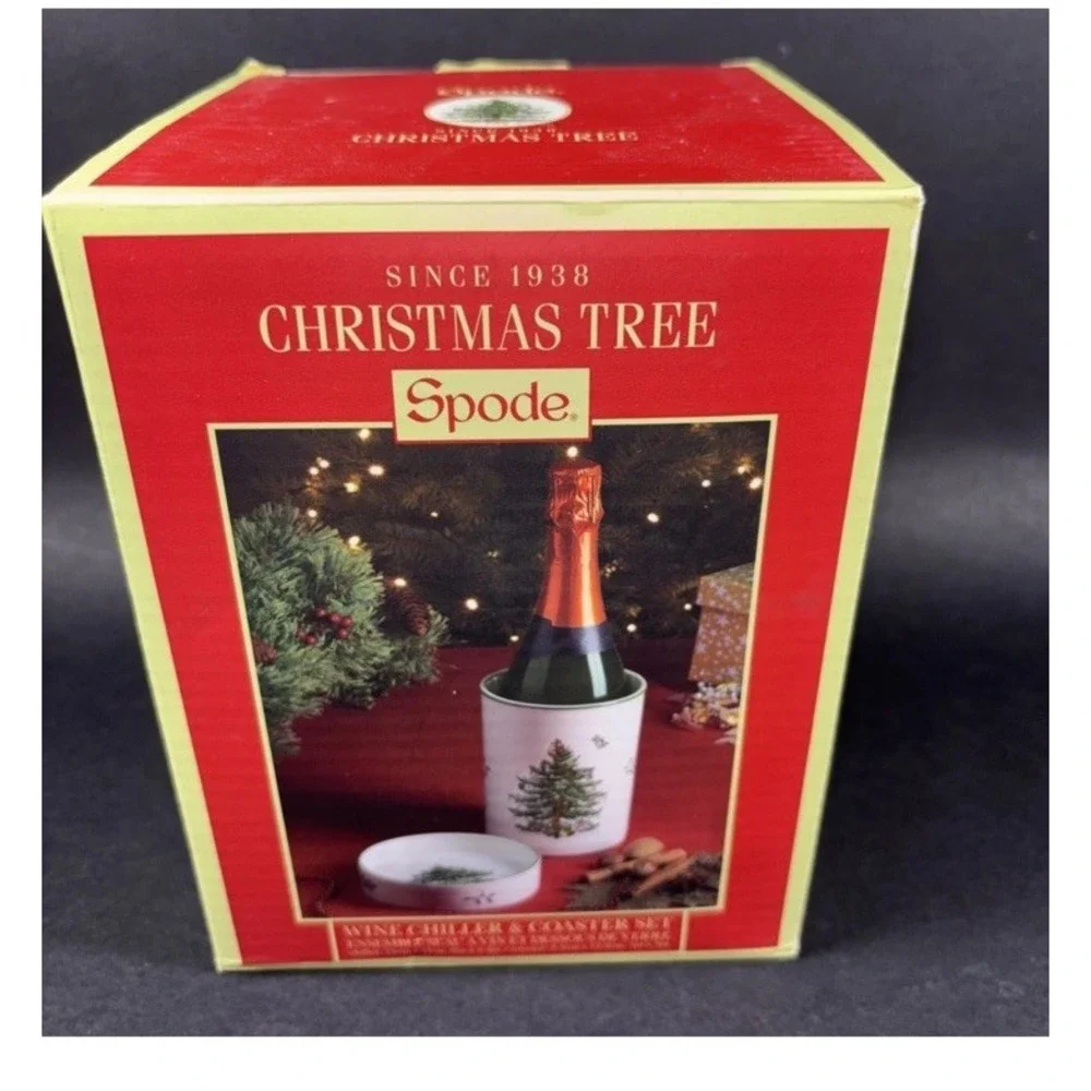 Spode Christmas Tree Tartan Wine Chiller & Coaster Bottle Cooler Set Gift Boxed